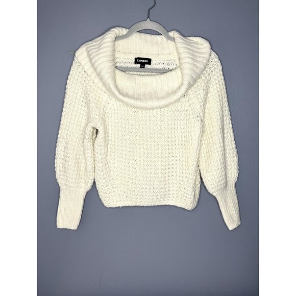 Express Sweater Womens XS White Cowl Neck Chunky Knit Soft Balloon Bishop Sleeve - Picture 2 of 14